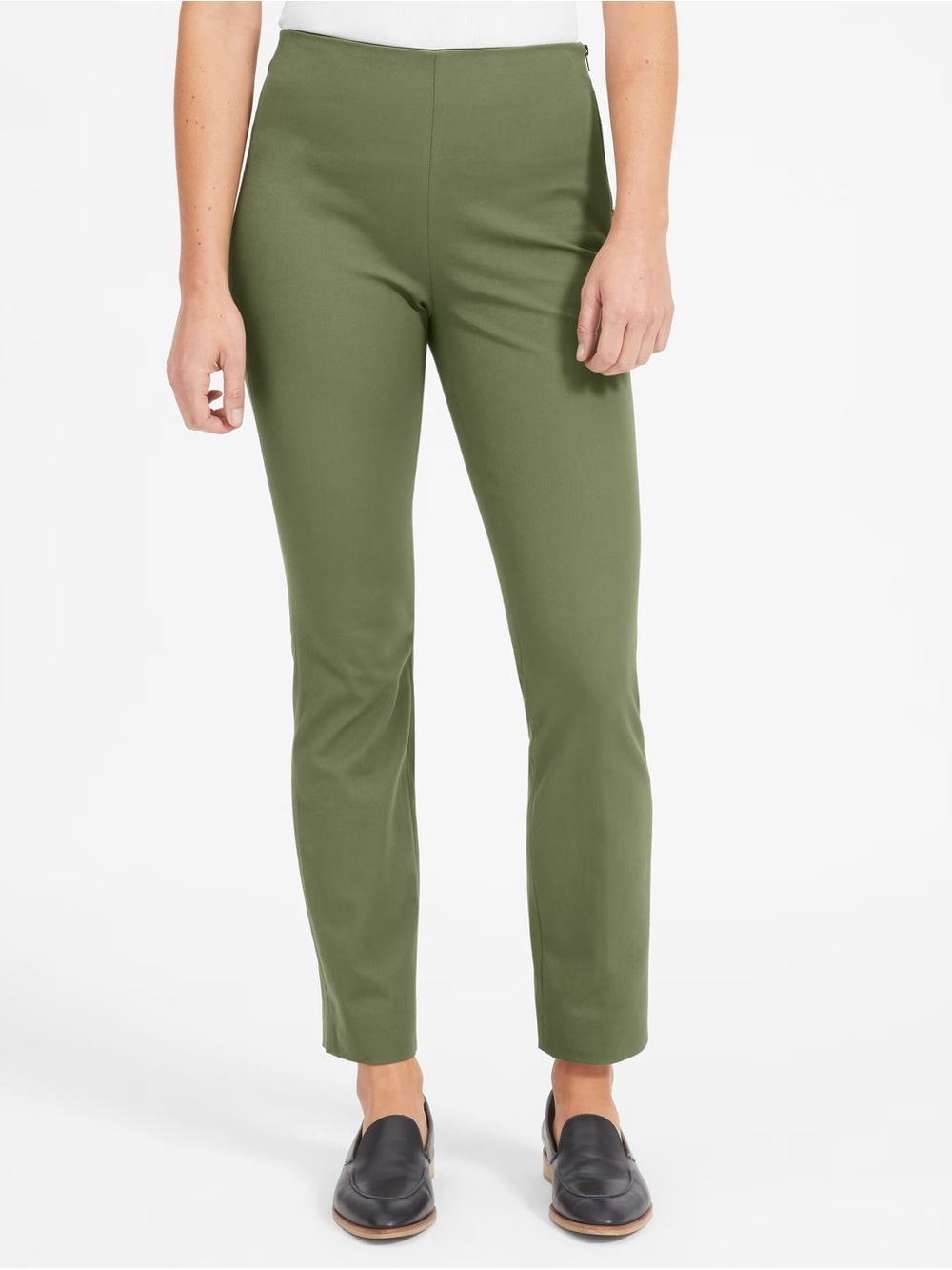 EVERLANE Stretch Cotton Pant Olive Green 4 Side Zip